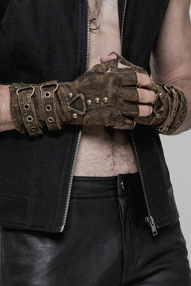 Metal Buckle PU Leather Men's Steampunk Gloves 2 Colors