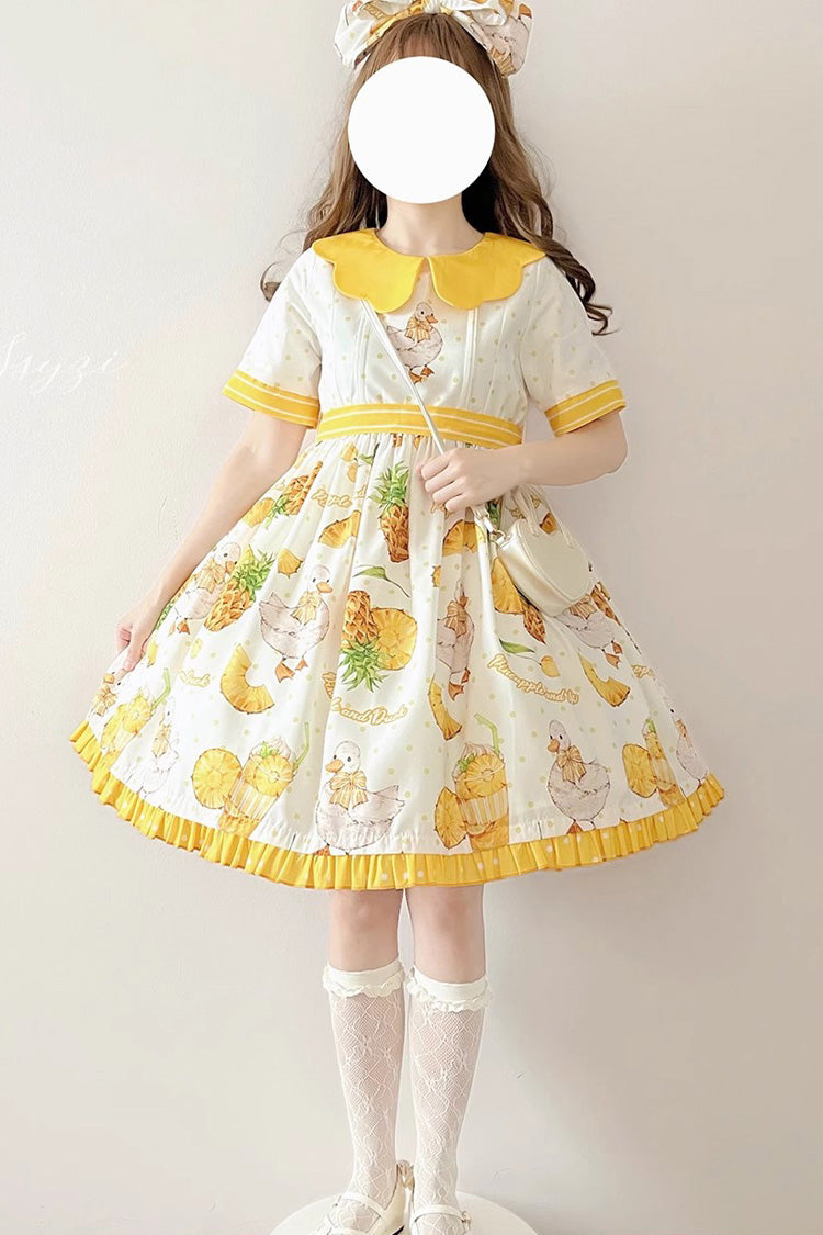 White/Yellow Short Sleeves Duck Print Bowknot Sweet Lolita OP Dress