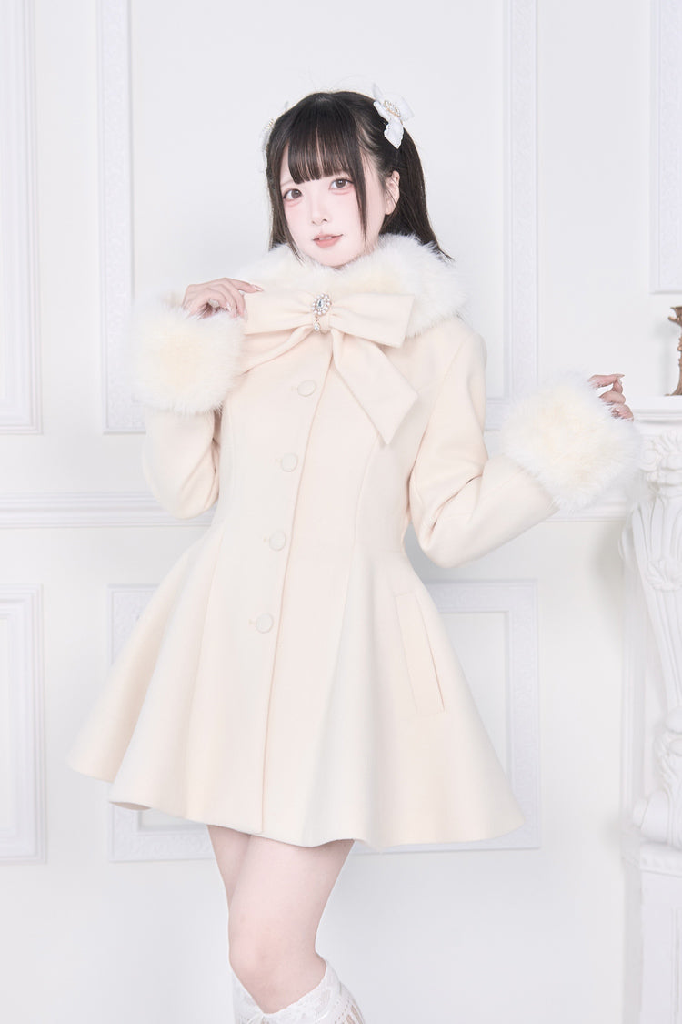 Apricot Plush Collar Long Sleeves Bowknot Japanese Sweet Lolita Coat