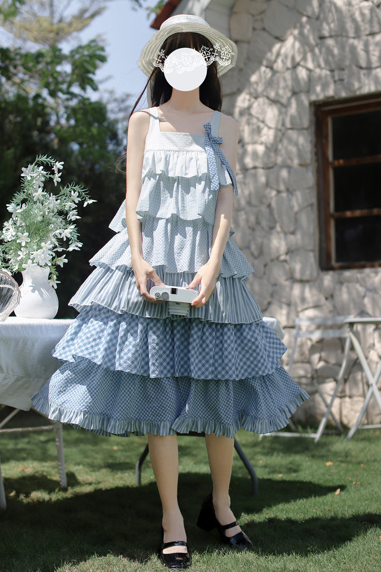 Blue [Go To The Beach] Multi-Layered Print Ruffle Holiday Sweet Lolita Jsk Dress