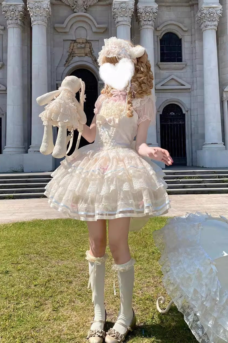 Apricot [Butterfly Heart Ballet] Triple-Layered Ruffle Bowknot Lace Sweet Ballet Lolita Jsk Dress