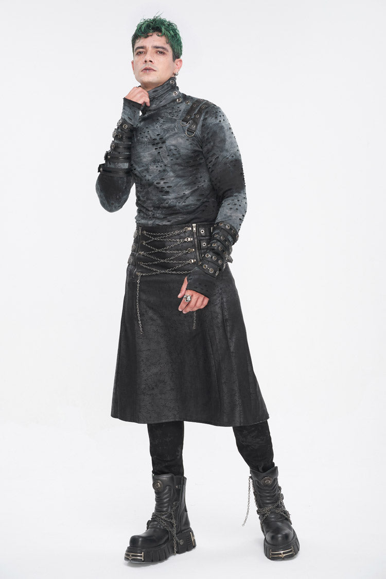 Black Print Chain Multi Buckle Men's Gothic Skirt