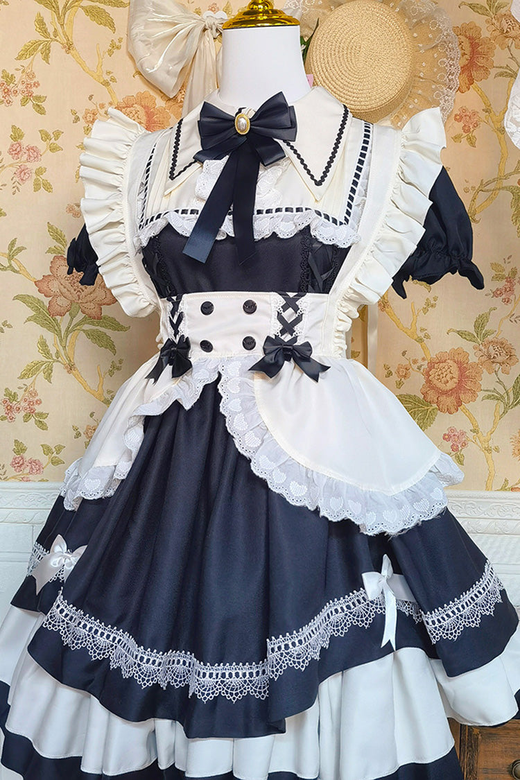 Schwarz/Weiß Kurzarm Dreifach-Lagen Rüsche Schleifenknoten Spitze Süßes Plus Size Dienstmädchen Lolita Kleid Set 