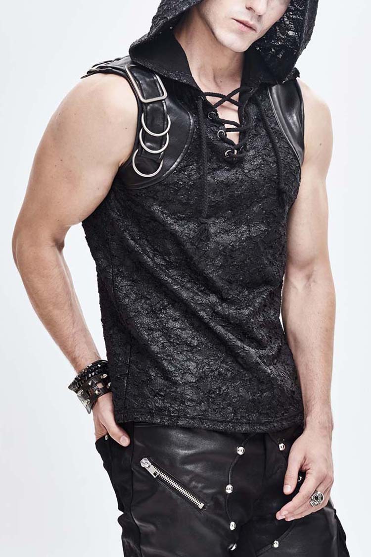 Black Hooded Tattered Chest Lace Up Metal Buckle Knit Men's Punk Vest