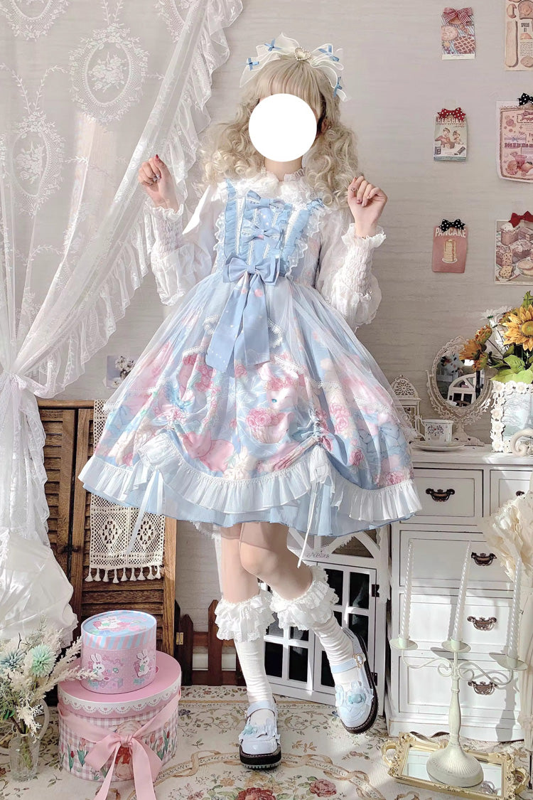 Blue Sleeveless High Waisted Rabbit Print Ruffle Bowknot Sweet Lolita Jsk Dress