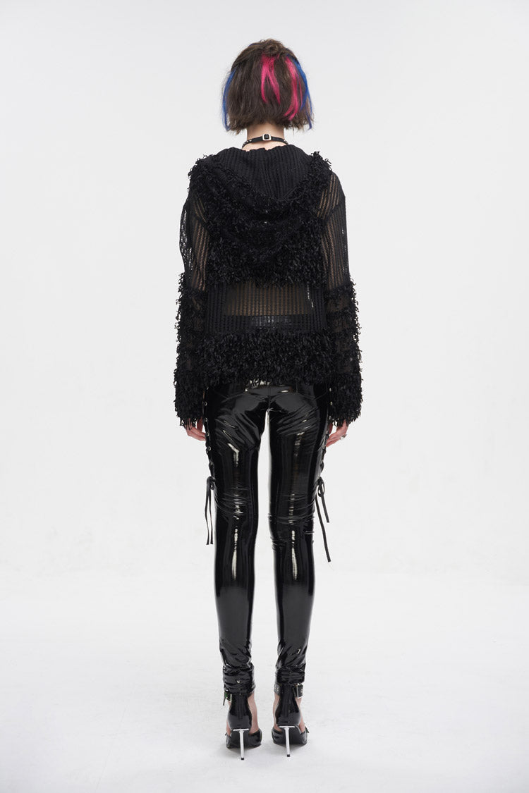 Black Segmented Mesh Matching Chain Women's Punk Hooded Sweater