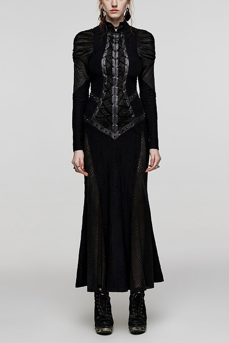 Schwarzes Gothic-Kleid für Damen mit Stehkragen, Schlangenmuster, Nähten und Schnürung aus Netzstoff
