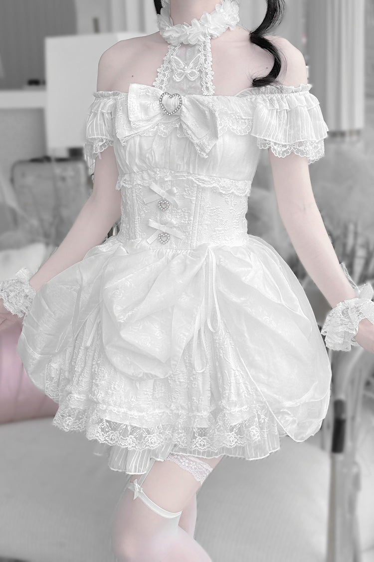 White [Rose Dream] Halterneck Short Sleeves Print Ruffle Bowknot Lace Gothic Jirai Kei Dress