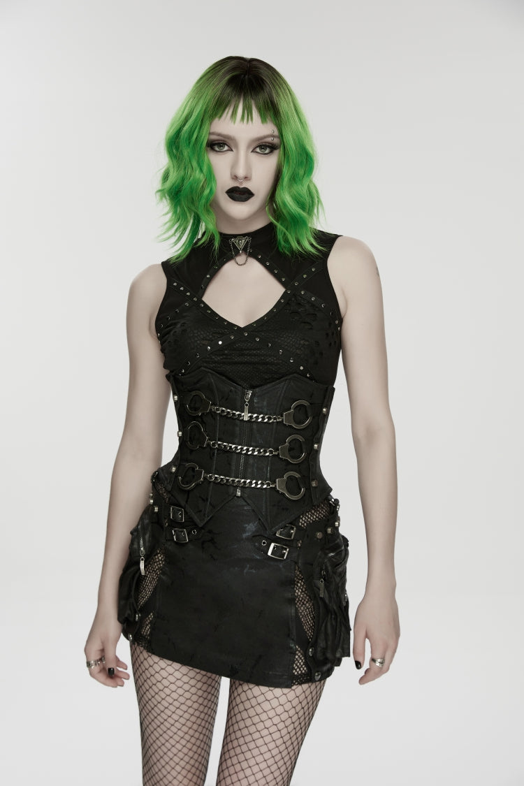 Black Lace-Up Slim Fit Studded Zippered Chain-Decorated Women's Punk Luxurious Cool Underbust Corset