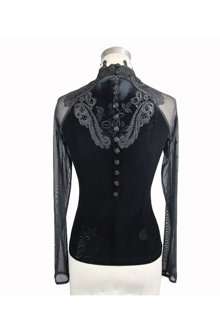 Black High Collar Front Chest Rose Decals Mesh Long Sleeve Rose Embossed Velvet Women's Gothic T-Shirt