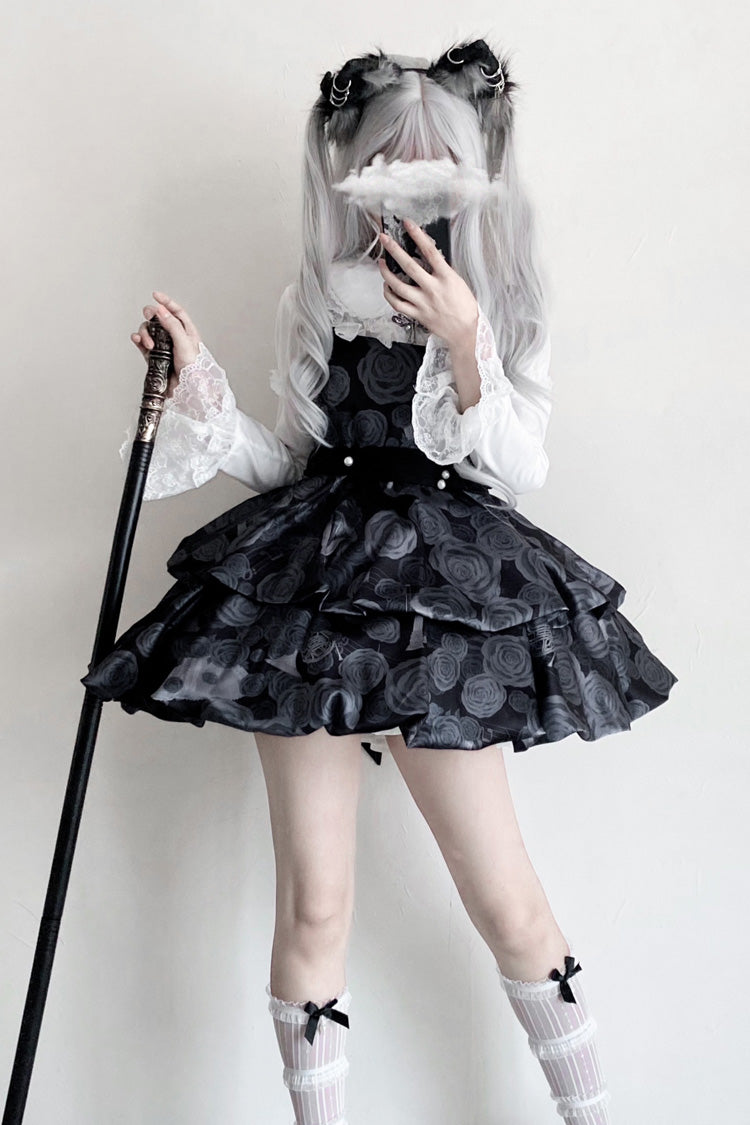 Black Rose Print Two-layer Bowknot Gothic Lolita Jsk Dress