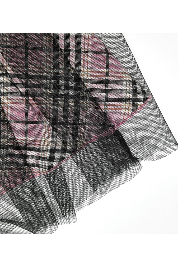 Pink/Black Cotton Splicing Mesh Sweet Plaid Personalized Pocket Decoration Waist Punk Women's Short Skirt