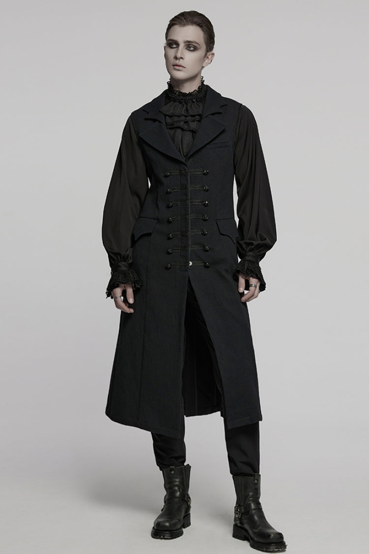 ブラックバットライクカラーの袖なしバックル付きメンズゴシックロングベスト 