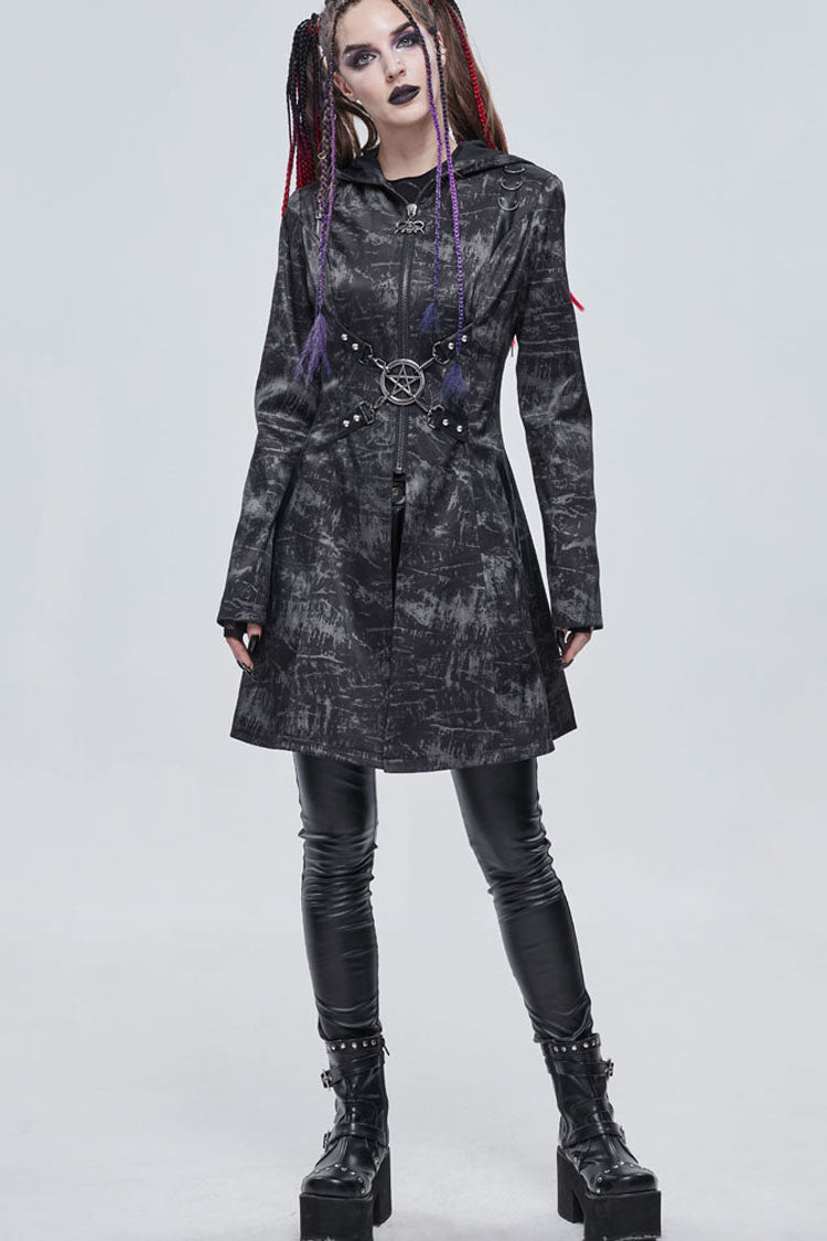 Gray Punk Pattern Pentagram Shape Design Metal D-Shaped Buckle Decoration Hooded Women's Coat