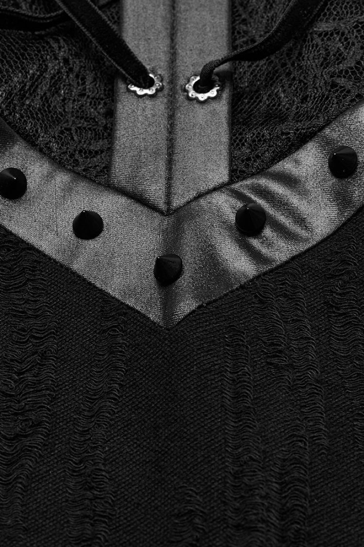 Schwarzes Gothic-Kleid für Damen mit Stehkragen, Schlangenmuster, Nähten und Schnürung aus Netzstoff