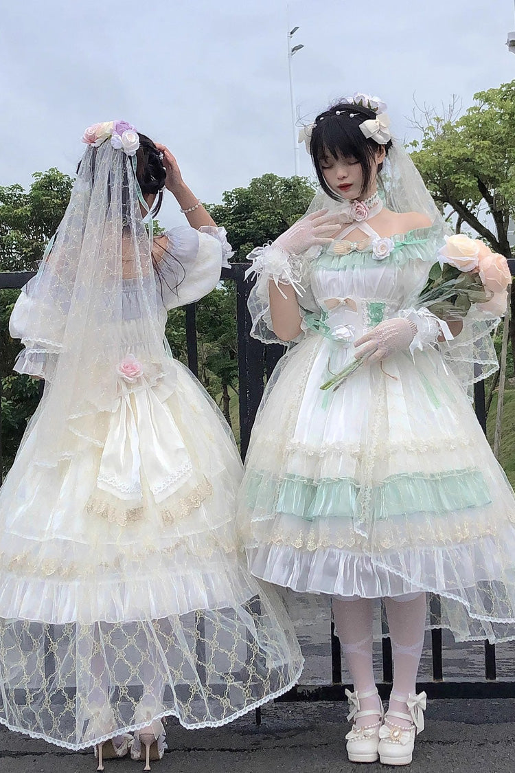 Green [Spring of Boliya] Long Sleeves Multi-Layered Ruffle Bowknot Lace Lace-Up Sweet Princess Lolita Dress