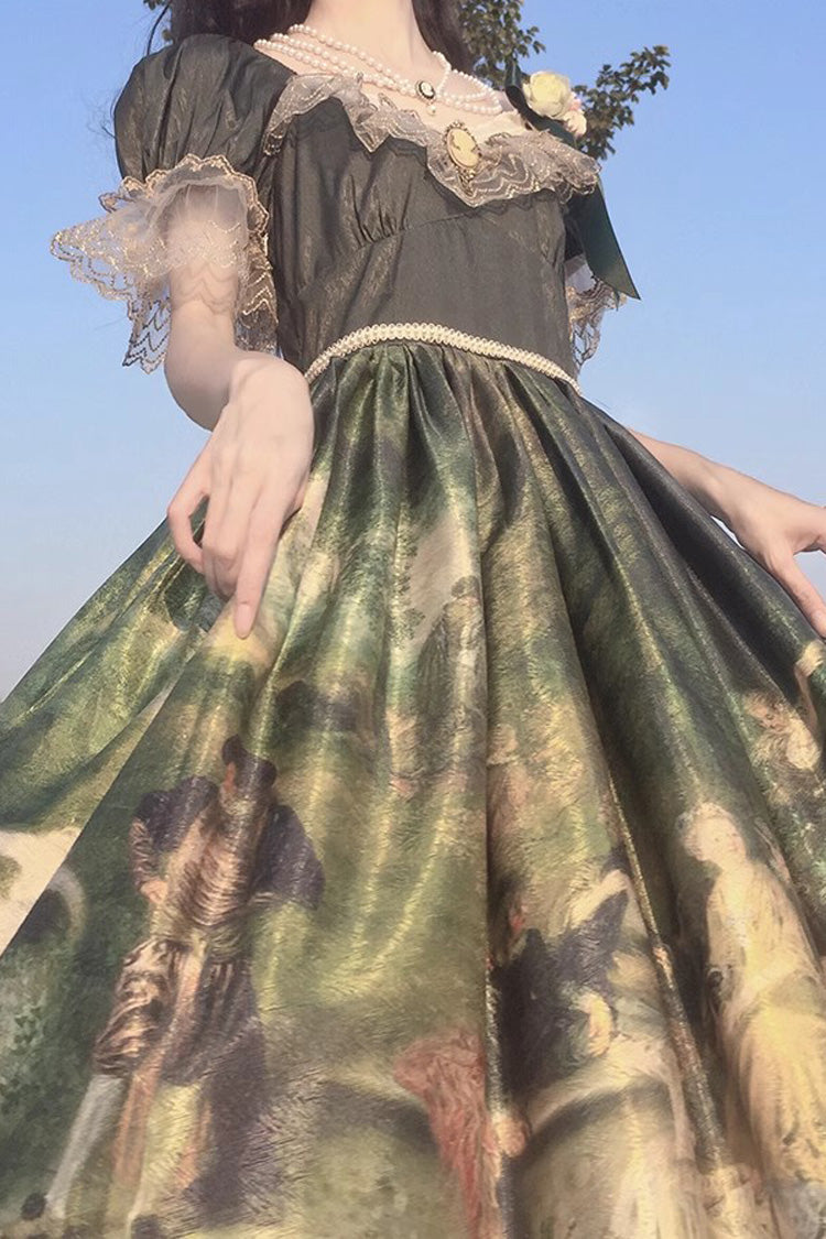 Green Short Sleeves Forest Dance Print Ruffle Sweet Elegant Lolita Dress
