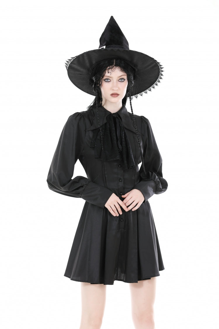 Robe gothique noire à col rabattu et manches longues lanternes pour femmes avec cravate
