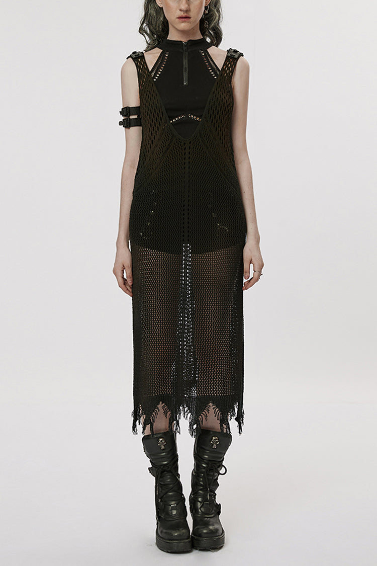 Black V Collar Knitted Hollow Mesh Women's Gothic Dress