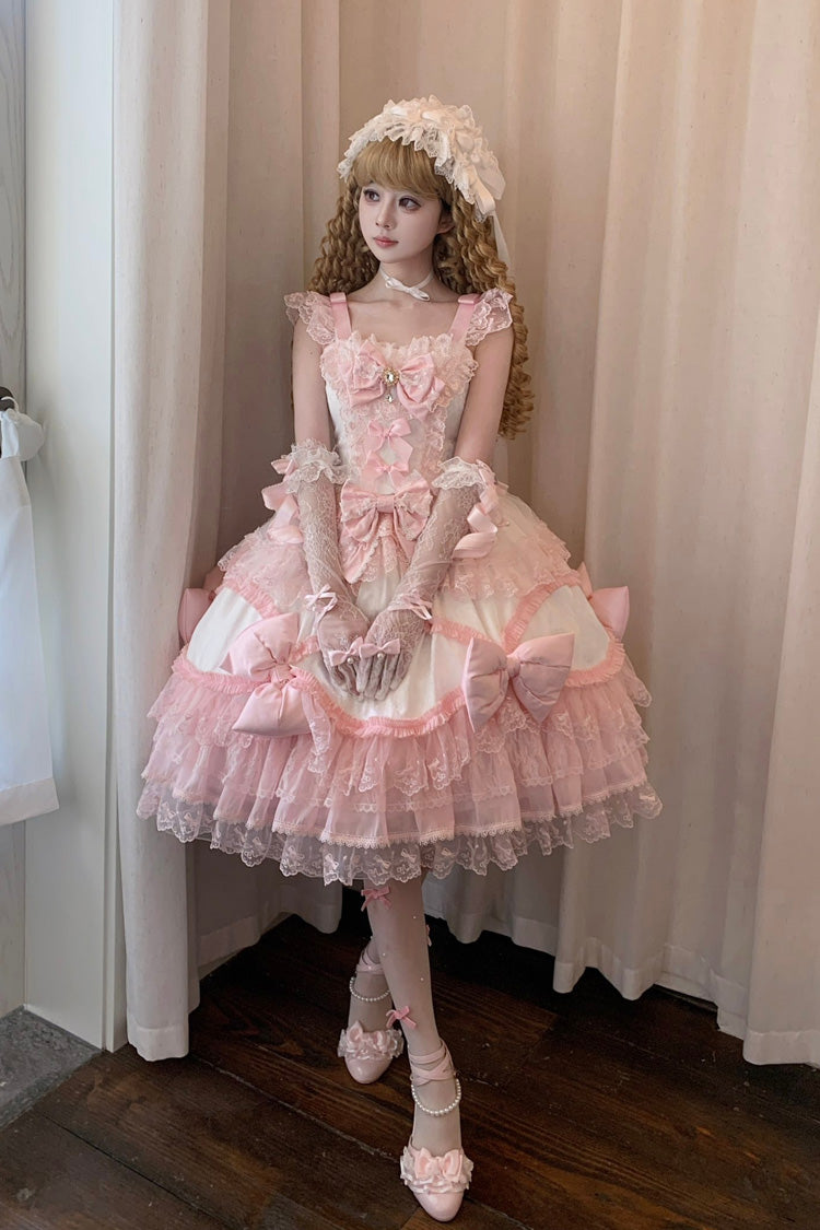 ホワイト/ピンク【Fflower Dream Isle】スクエアカラー多層フリルリボンレース甘ロリータJSKワンピース