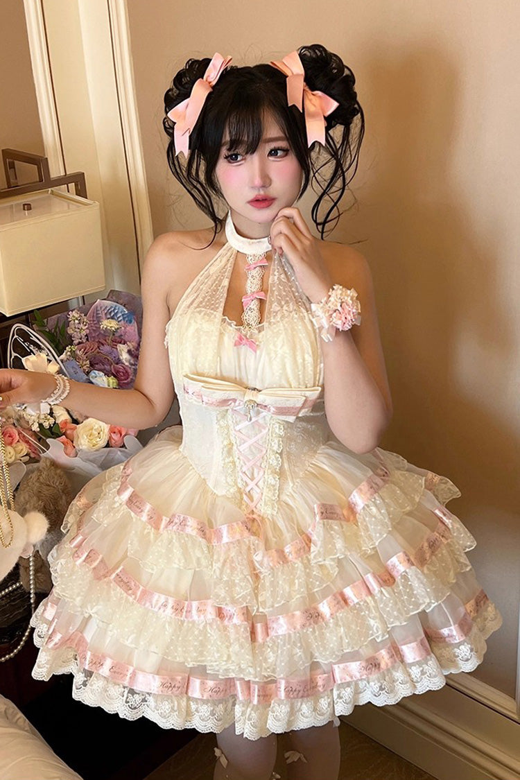 Robe Lolita Beige [Ballet Dream] à col licou avec volants à trois couches, nœud papillon et laçage, style princesse douce 