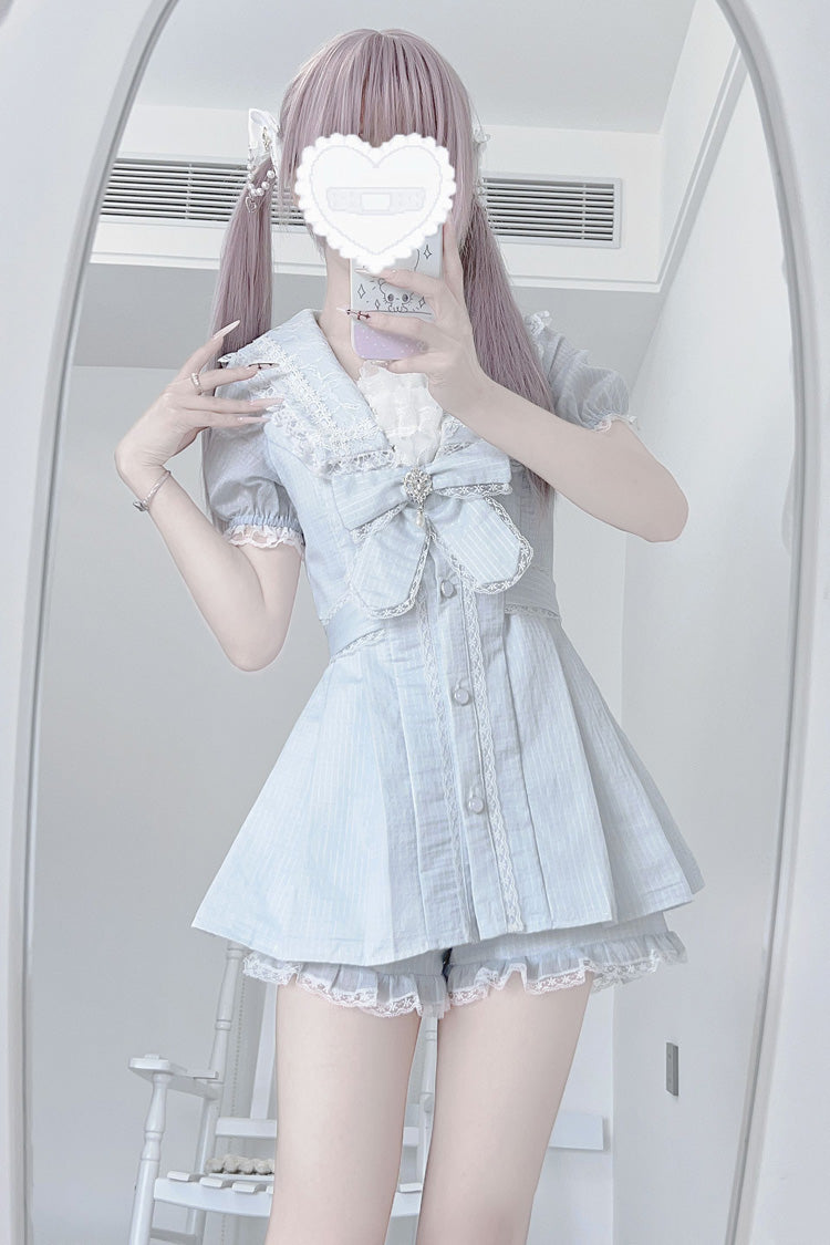 Aqua [Sérénade] Manches Courtes Volants Nœud Papillon Dentelle Douce Jirai Kei Ensemble de Robe 