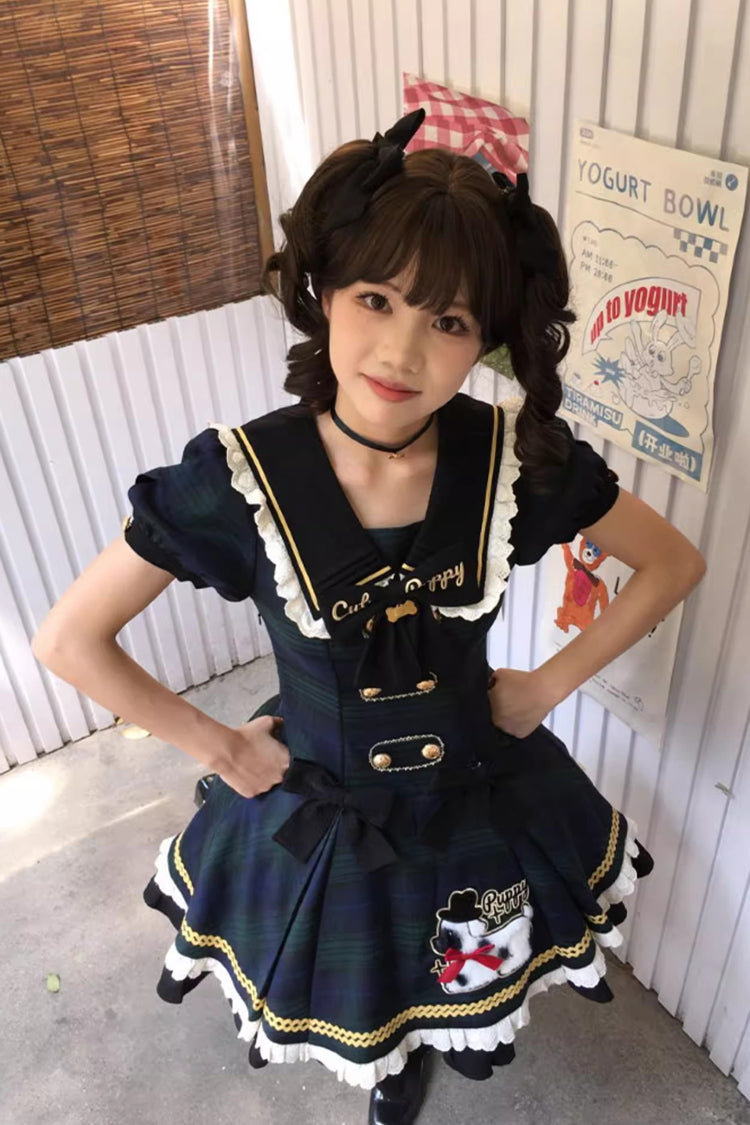 Blue [Dalmatian] Short Sleeves Print Ruffle Bowknot Slim Sweet Lolita Dress