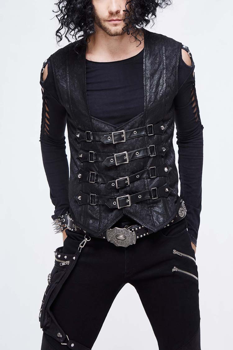 Black Jacquard Splice Heat Seal Backing Chest Loop Lace Up Men's Punk Waistcoat