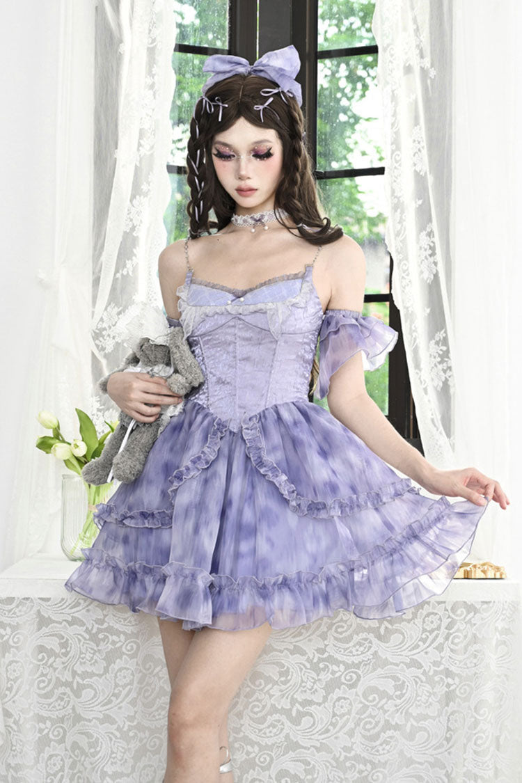 Blue Ruffle Lace Tie-dyed Print Fake Two Pieces Sweet Princess Jsk Dress