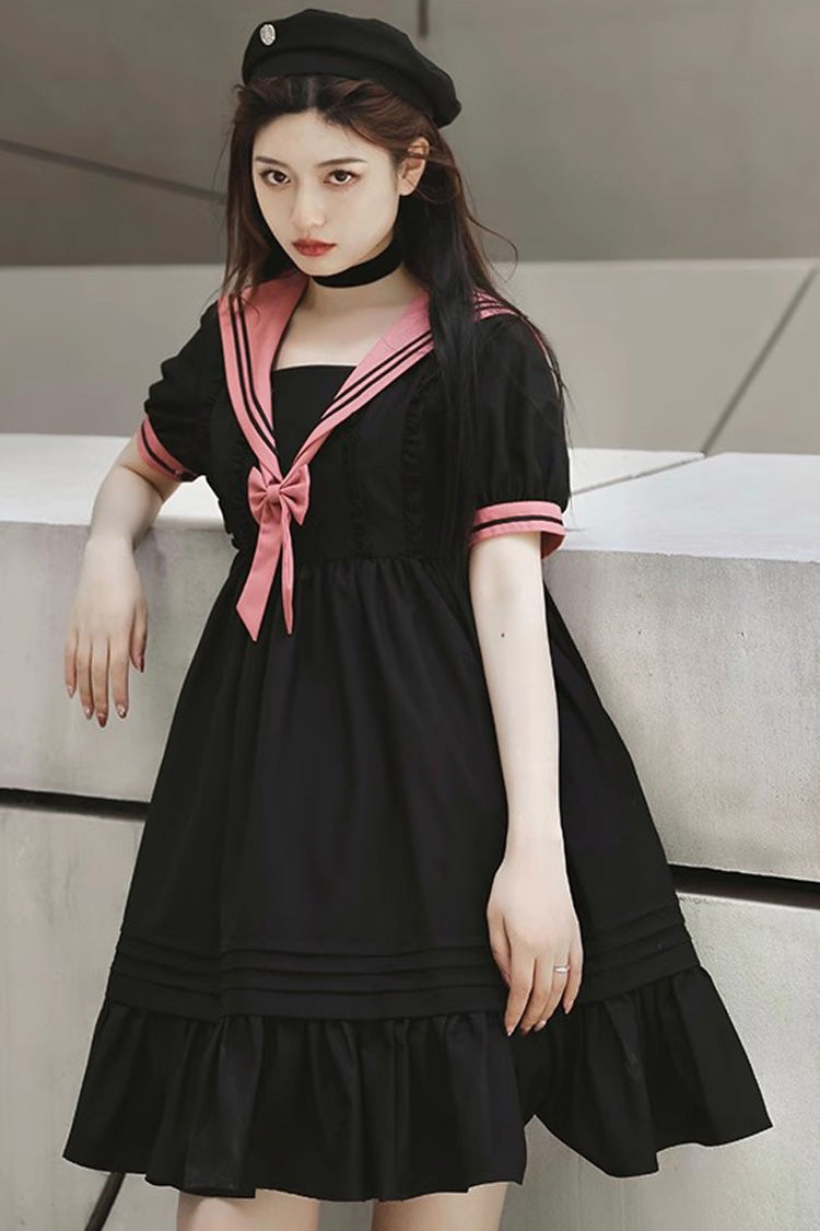 Black Voyage To Atlantis Navy Style Short Sleeves Ruffle Gothic Lolita Dress