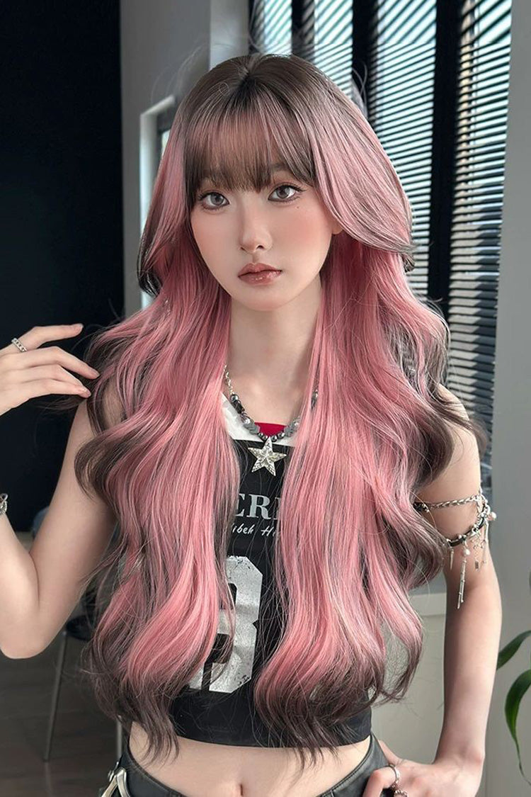Harajuku Y2K Ombre lange, flauschige, lockere, süße Lolita-Perücke mit vollem Pony, 2 Farben
