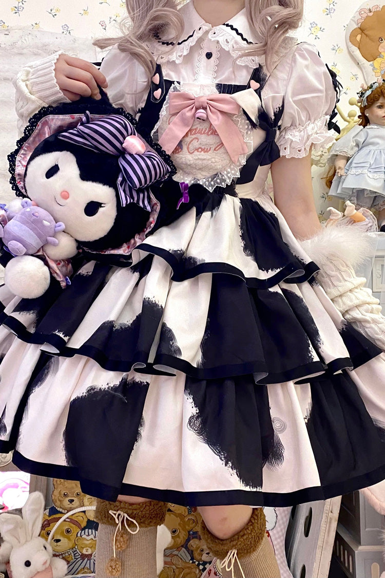 Black Sleeveless Triple-Layered Cow Print Ruffle Bowknot Sweet Lolita Jsk Dress