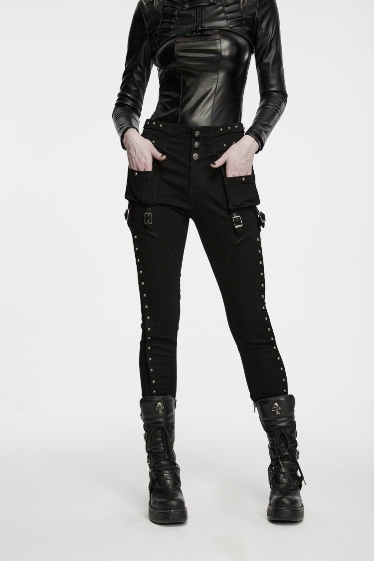 Pantalon Punk Cool noir clouté pour femmes, coupe slim, avec poches