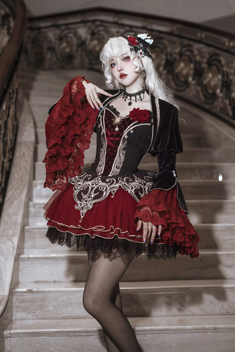Schwarz/Rot [Blutclan-Fest] Rüschenstickerei Spitze Gothic Lolita Jsk Kleid Set 