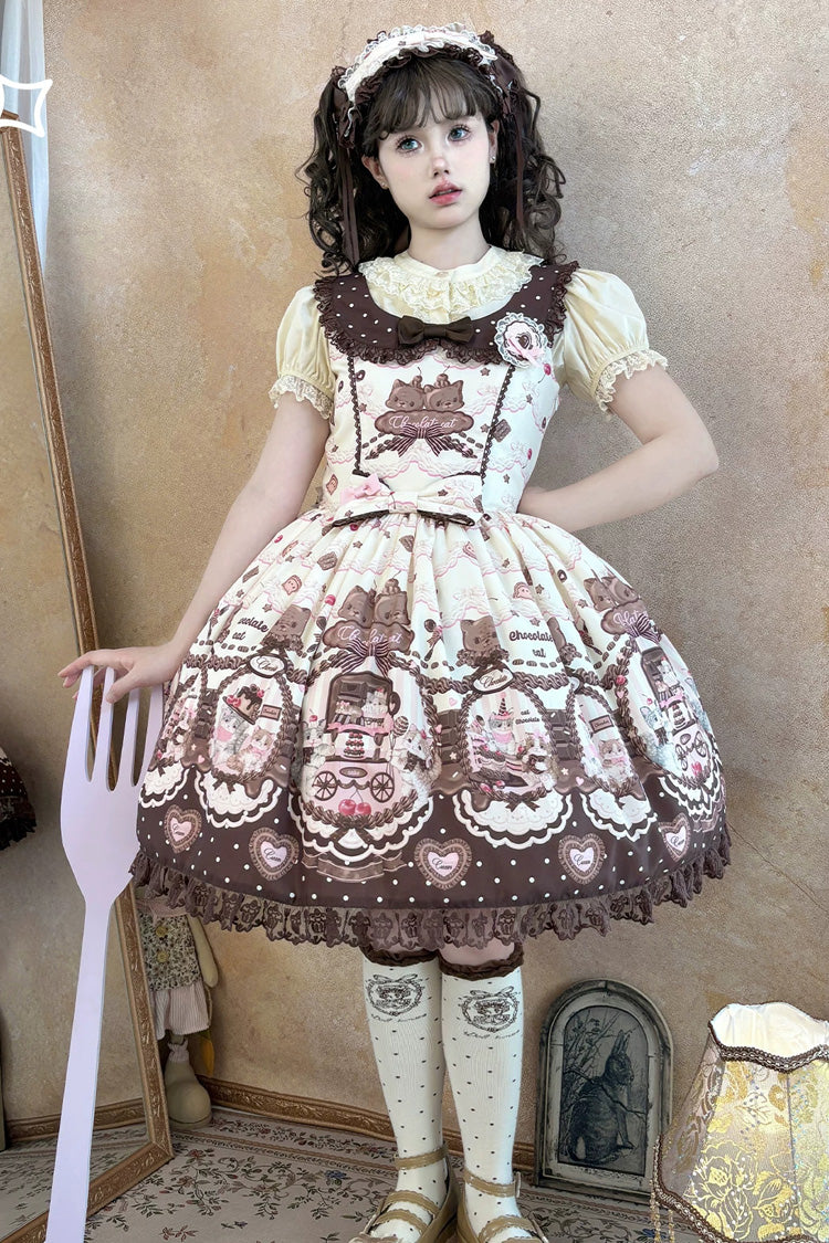 Brown/Beige [Chocolate Cat] Sleeveless Printed Bow Lace Sweet Lolita Jsk Dress