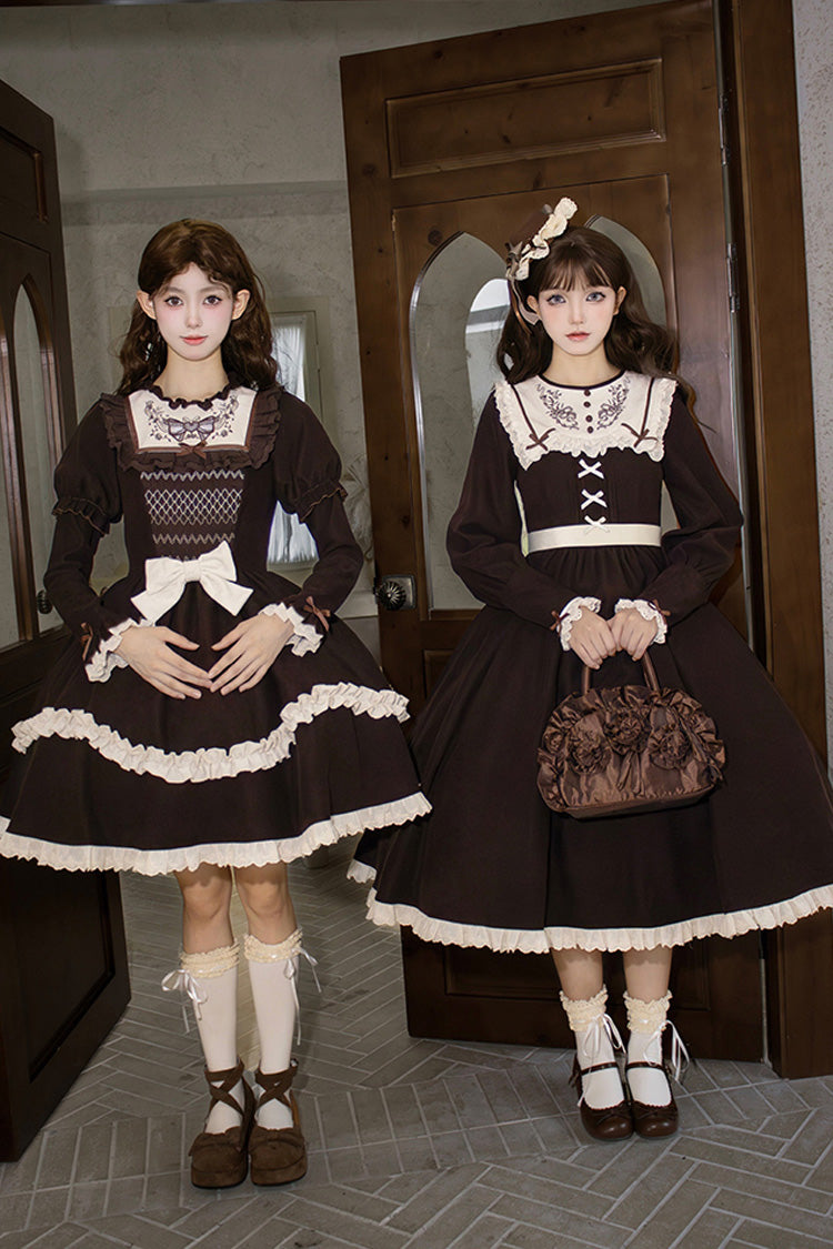 Brown [Miss Brown] Long Sleeves Ruffle Bouquet Embroidery Sweet Lolita Dress (Long Version)