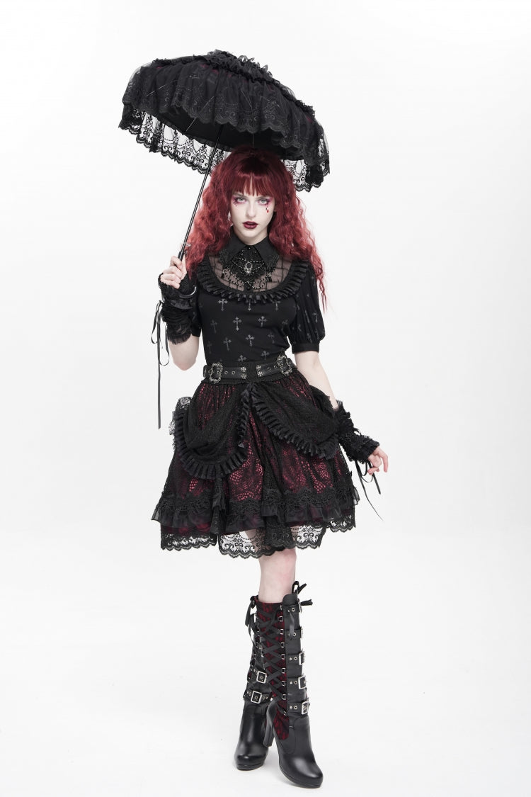 Black/Red Multi-Layered Ruffle Buckle Straps Women's Gothic Skirt