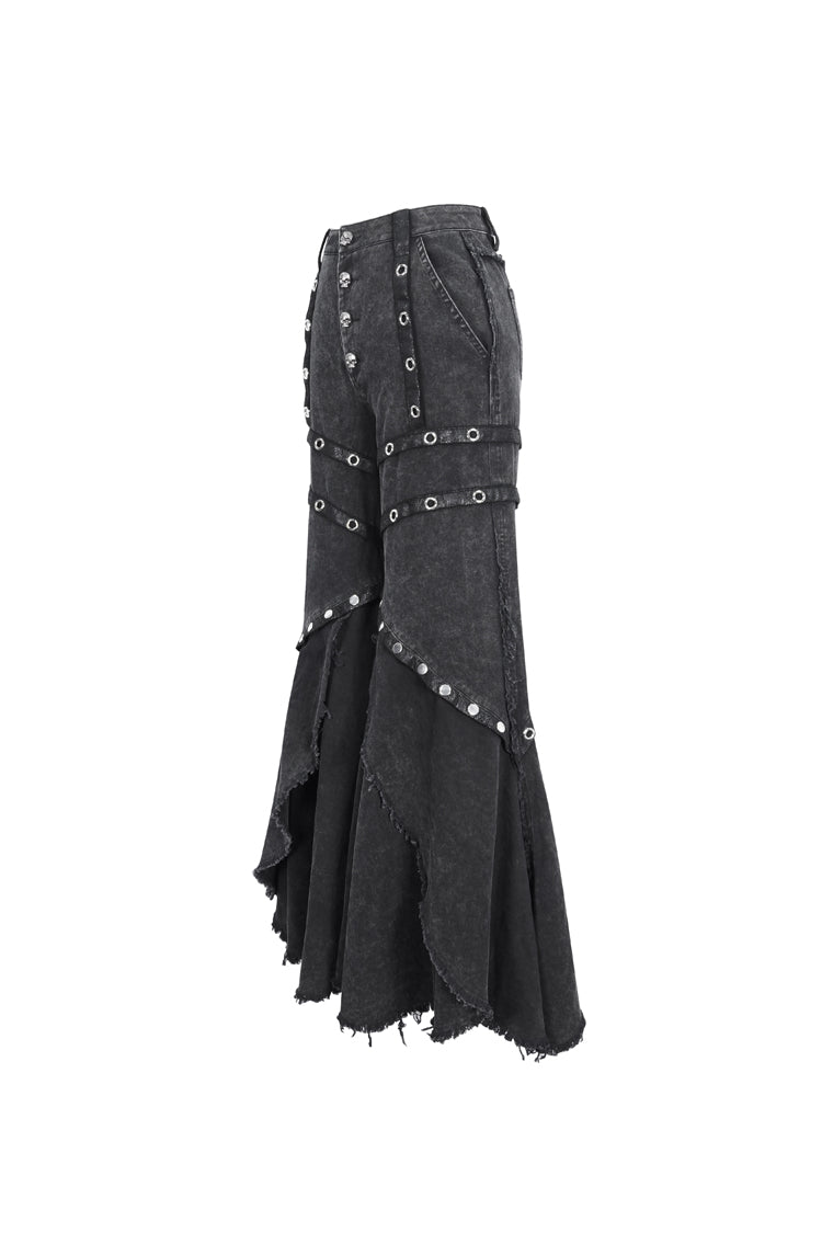 Black Mesh Eyelets Ruffled Flared Womens Punk Pants