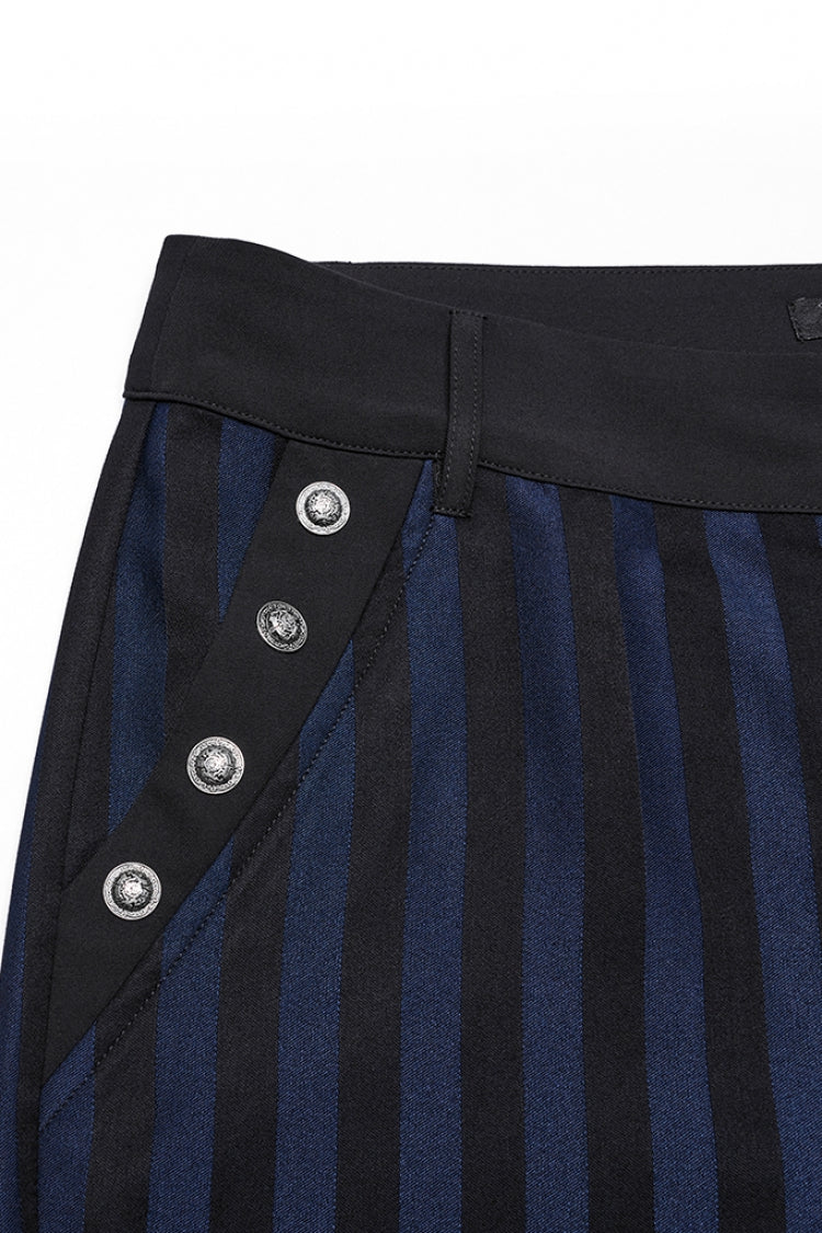 Black/Blue High Waisted Striped Print Men's Gothic Suit Pants
