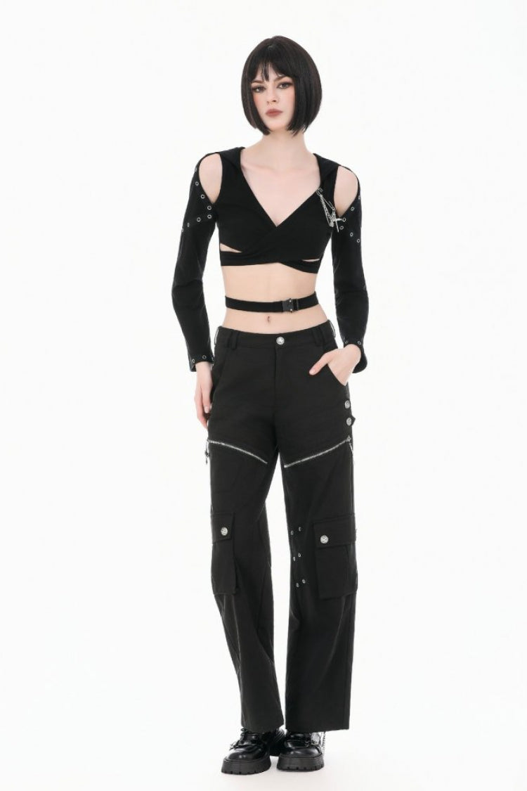 Black Women's Punk Big Pocket Cross Zippered Eyelet Cargo Pants