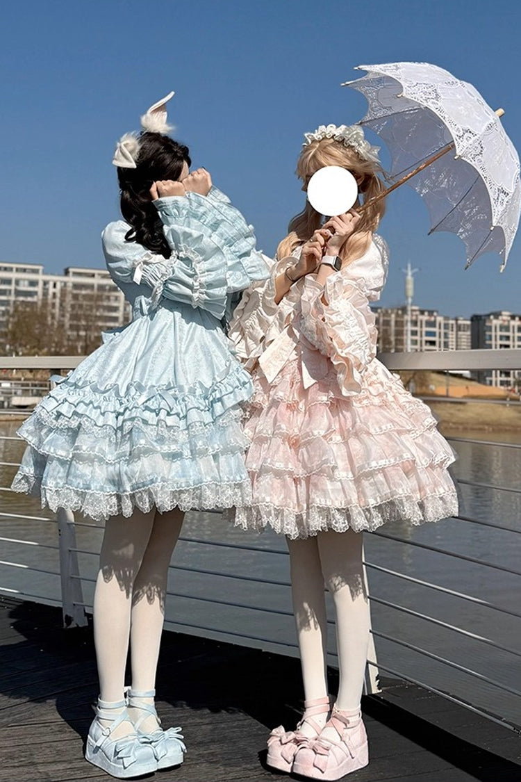 Pink [The Soloist Doll] Long Hime Sleeves Multi-Layered Print Ruffle Bowknot Asymmetric Sweet Lolita Dress