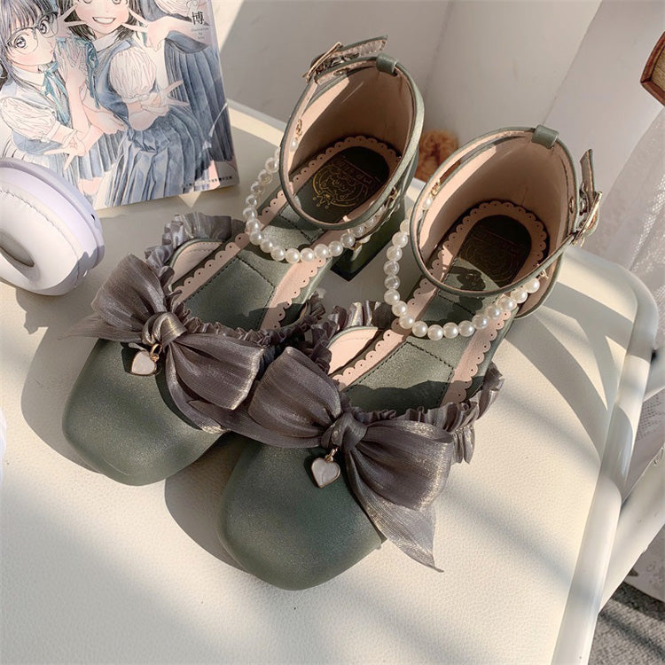Romance Bowknot Lace Pearl Sweet Elegant Lolita Shoes 4 Colors