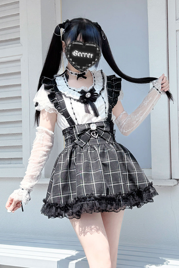 Black Plaid Print Ruffle Bowknot Lace Jirai Kei Japanese Skirt