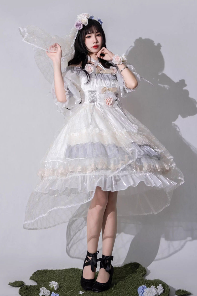 Grey/Blue [Spring of Boliya] Long Sleeves Multi-Layered Ruffle Bowknot Lace Lace-Up Sweet Princess Lolita Dress