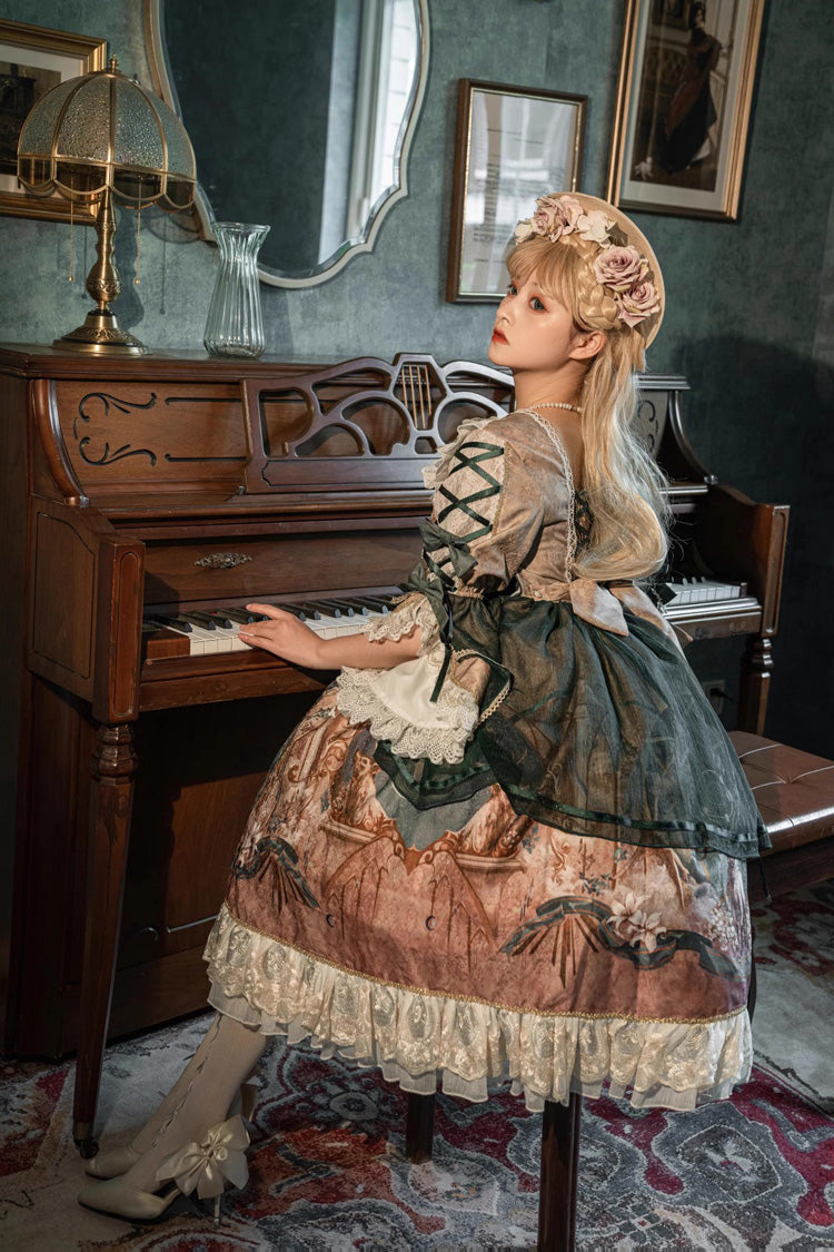 Green Gorgeous Short Sleeves Ruffle Bowknot Print Classic Lolita Dress