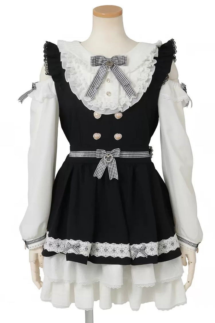 Süßes, schulterfreies, langes, gerüschtes Jirai-Kei-Kleid-Shorts-Set mit Schleife und Spitze