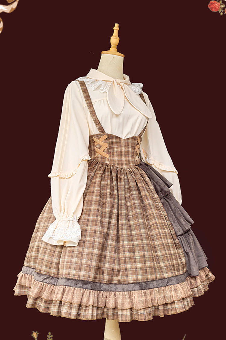 Brown [Morning Tune] Sleeveless High Waisted Print Ruffle Asymmetric Sweet Lolita Strap Dress