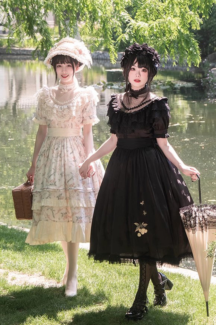 Black Daisy Print Cherry Embroidery Edwardian Collar Short Sleeves Gothic Lolita Dress