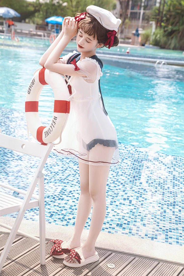 White/Blue/Red Bowknot Short Sleeves Navy Cute Sweet Lolita One Piece Swimsuit