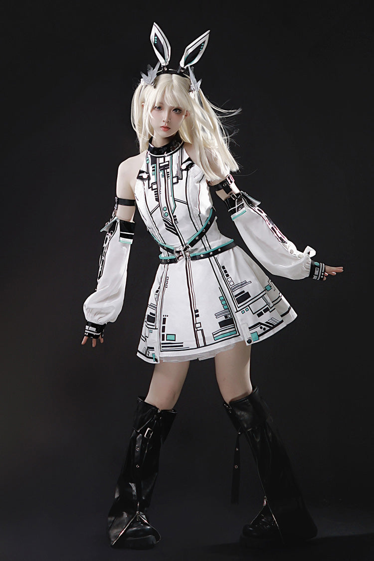 White [Mecha Battle Maiden] Stand Collar Print Futuristic Style Sweet Handsome Lolita Dress
